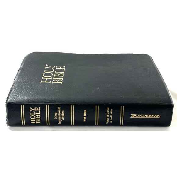 Holy Bible NIV Zondervan Black Leather Look Thumb Index Red Letter 2001 - Picture 2 of 8